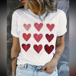 New 100% Cotton Heart Short Sleeve Graphic Tee White Red Pink T-shirt